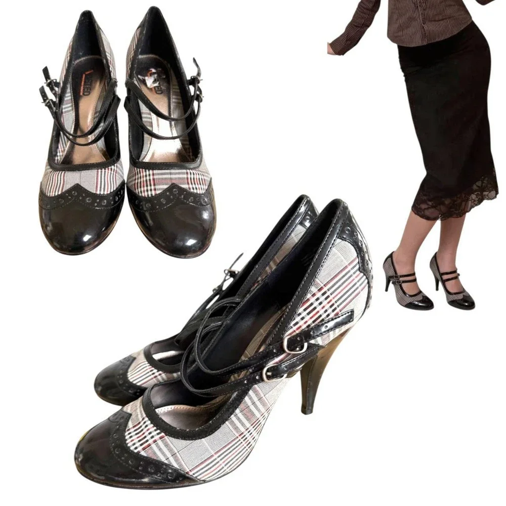 RARE Y2K UNLISTED KENNETH COLE PLAID MARY JANE HEELS SZ 9